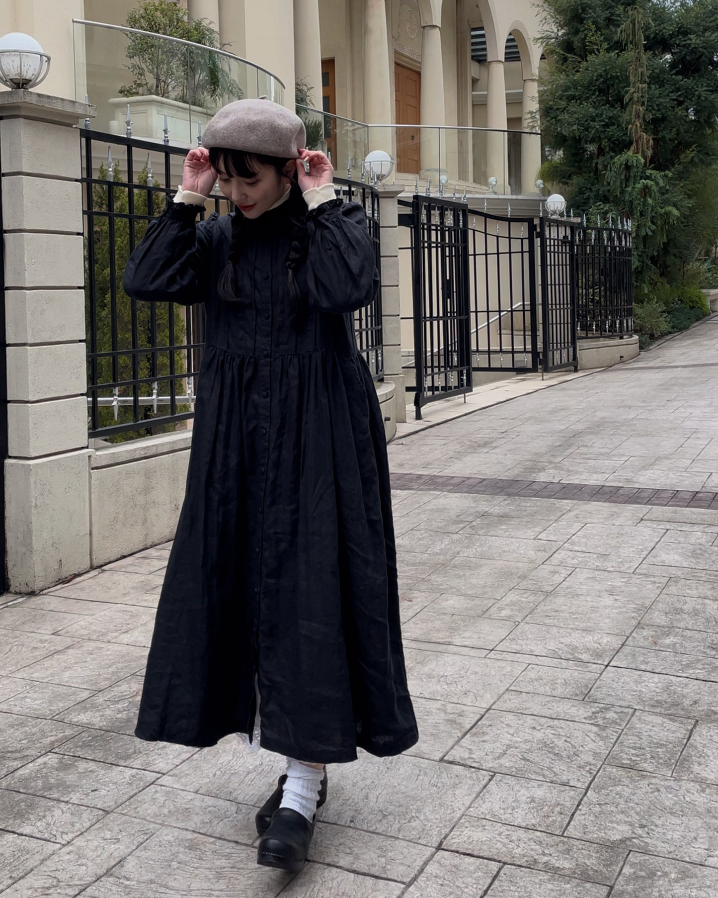 Frill Stand Collar Tuck Dress