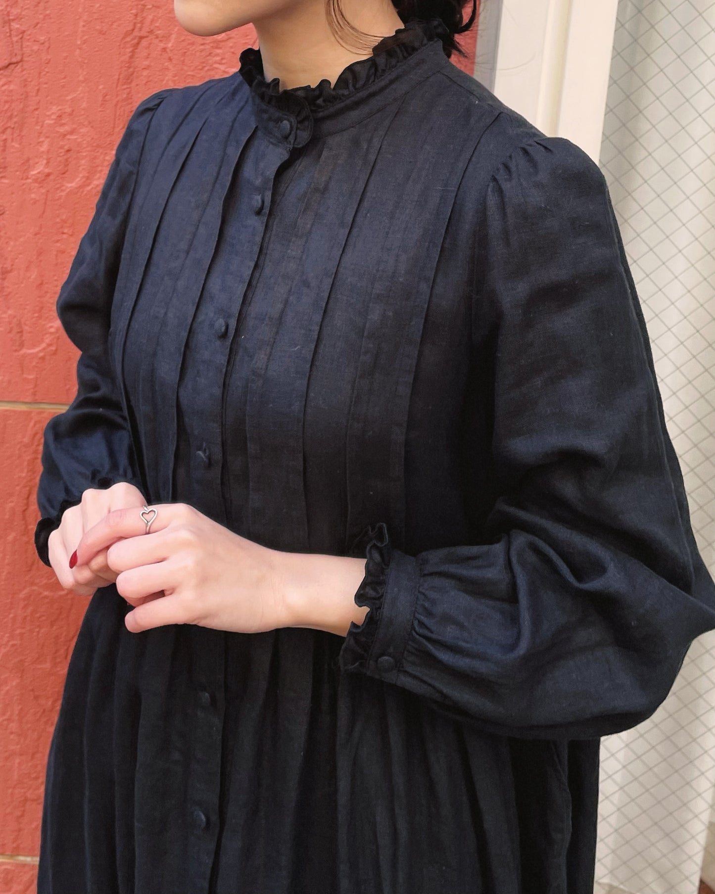 Frill Stand Collar Tuck Dress