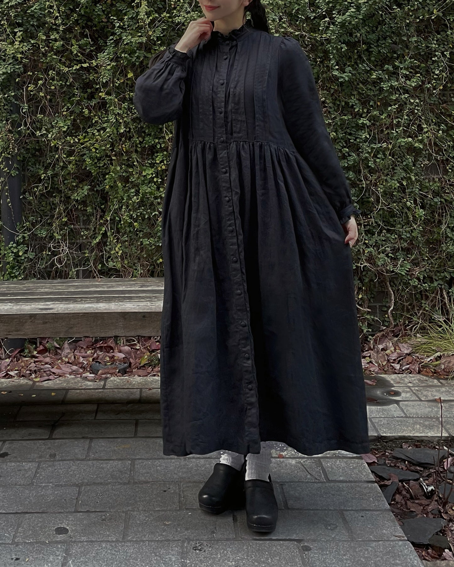 Frill Stand Collar Tuck Dress