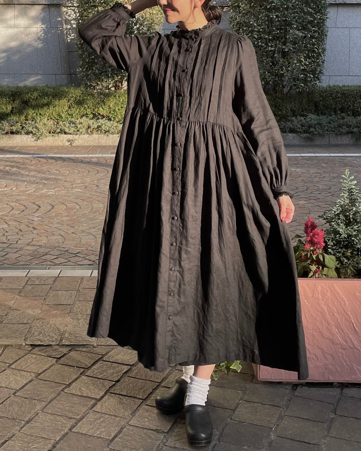 Frill Stand Collar Tuck Dress