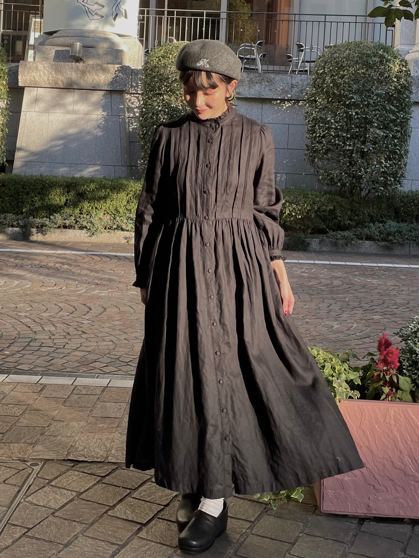 Frill Stand Collar Tuck Dress