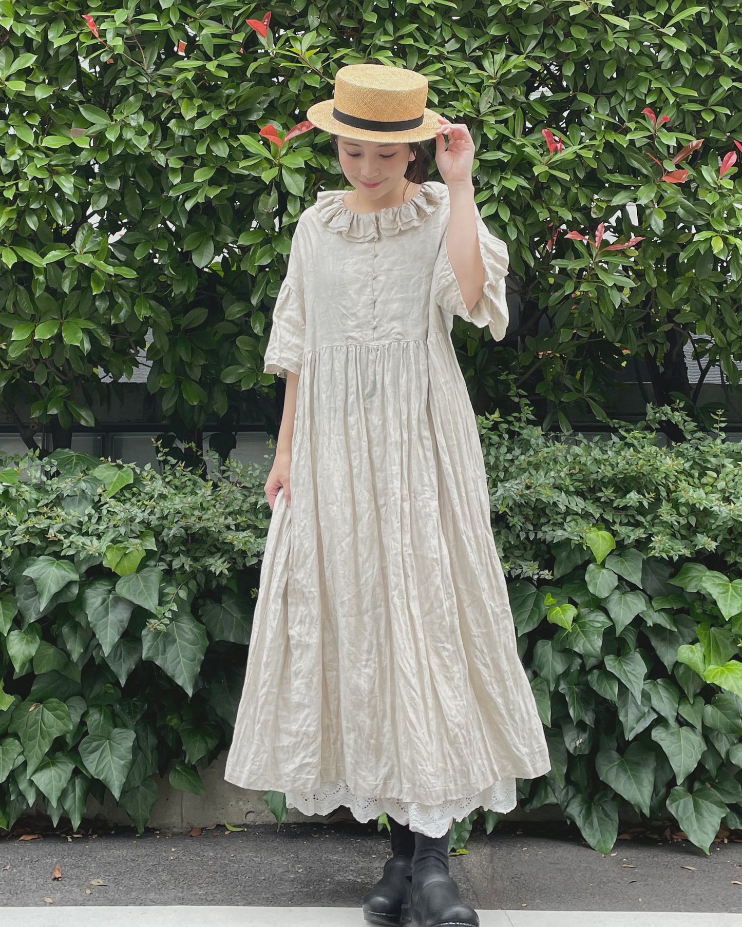 "HEARDMANS LINEN" Frill Collar Dress