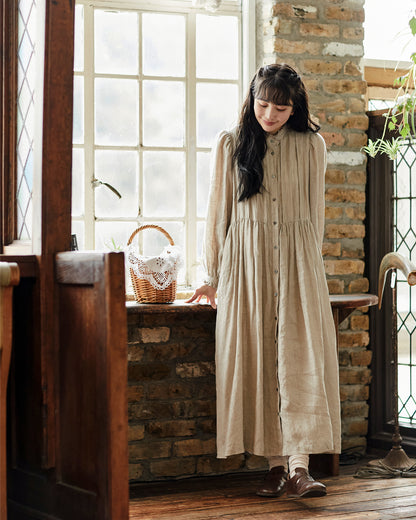 "HEARDMANS LINEN"  Frill Stand Collar Tuck Dress