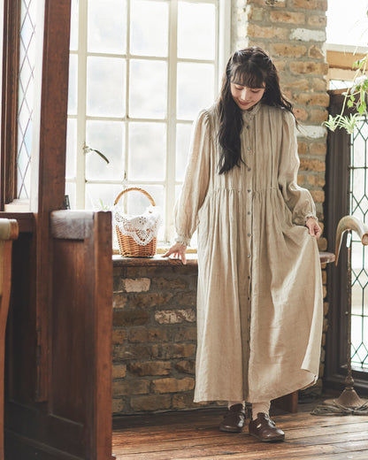 "HEARDMANS LINEN"  Frill Stand Collar Tuck Dress