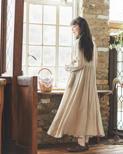 "HEARDMANS LINEN"  Frill Stand Collar Tuck Dress