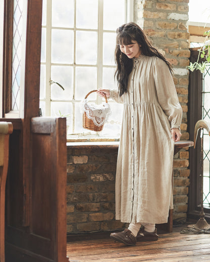 "HEARDMANS LINEN"  Frill Stand Collar Tuck Dress